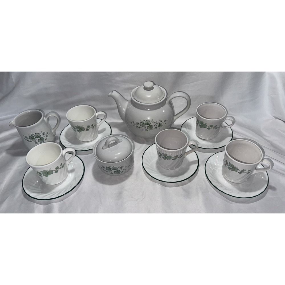 Corelle Coordinates Stoneware Callaway Green  Ivy Tea Pot & Corningware 5‎ Cups